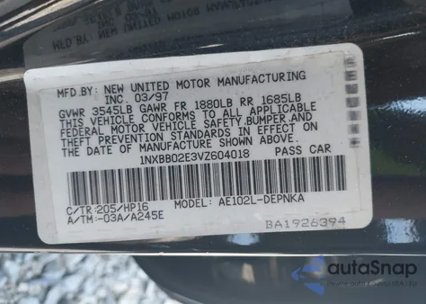 1997 Toyota Corolla Dx from USA, damaged, VIN 1NXBB02E3VZ604018